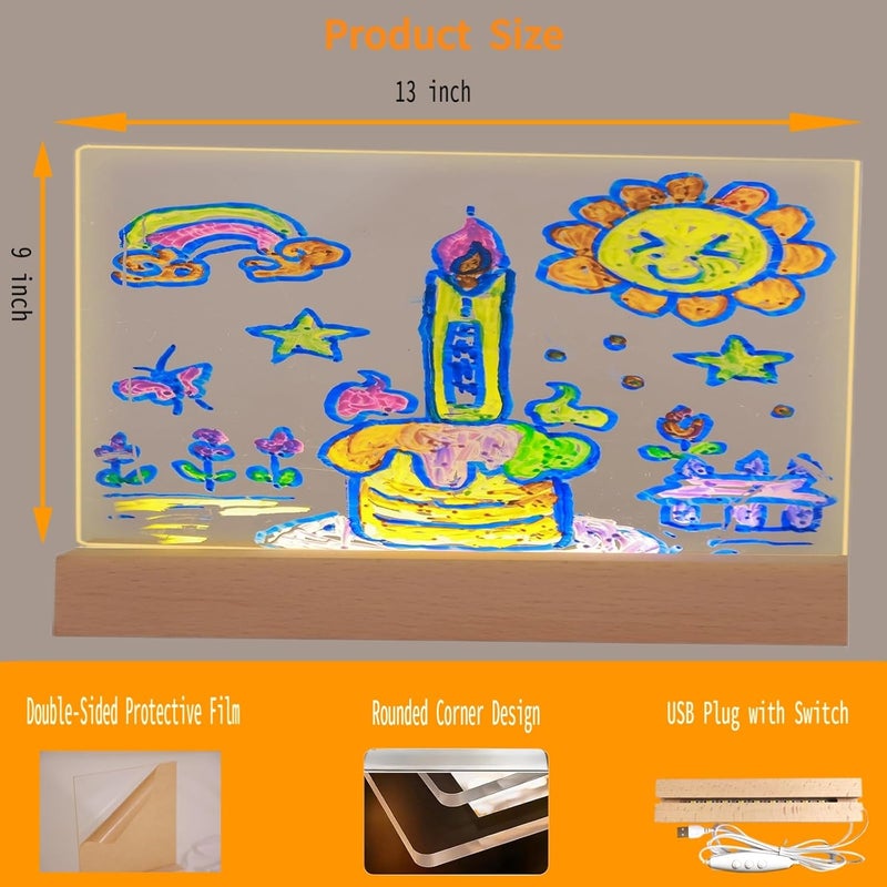 FRELWIM لوحة رسم وكتابة LED بحجم 13 × 9 بوصة مع ألوان، أكريليك شفاف مضيء، لوحة ملاحظات قابلة للمسح الجاف مع حامل (ملونة، كبيرة) - Image 2